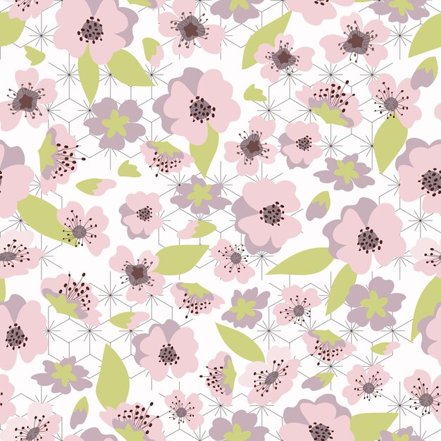 Cherry blossom floral seamless pattern pink flowers spring Japanese sakura cherry Hand drawn Vector