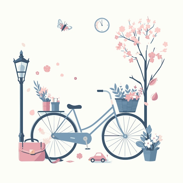 Vector cherry blossom flowers and bicycle illustration