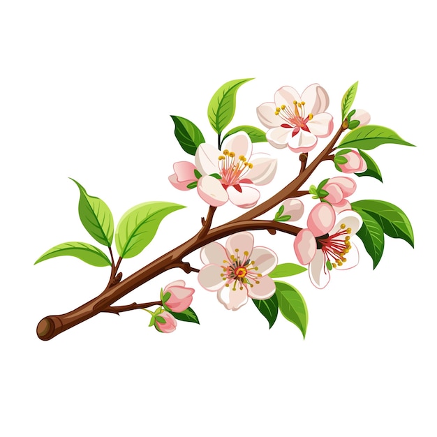 Vector cherry blossom flowers spring branch with green leaves on white