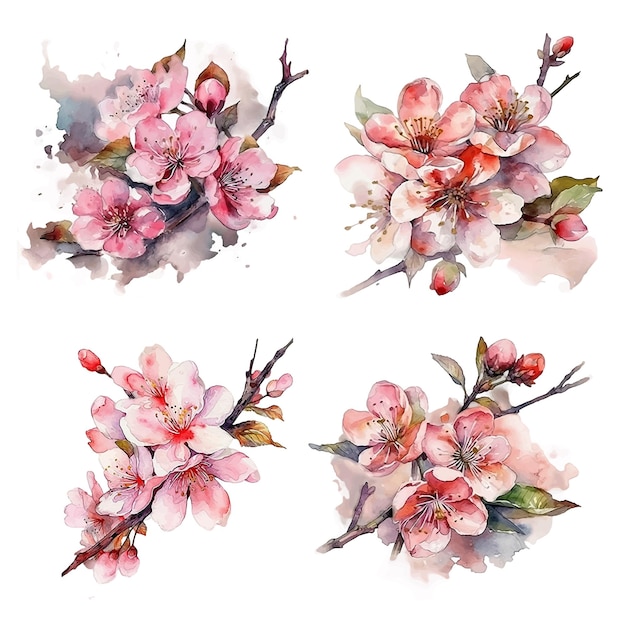 Vector cherry blossom flowers watercolor paint collection