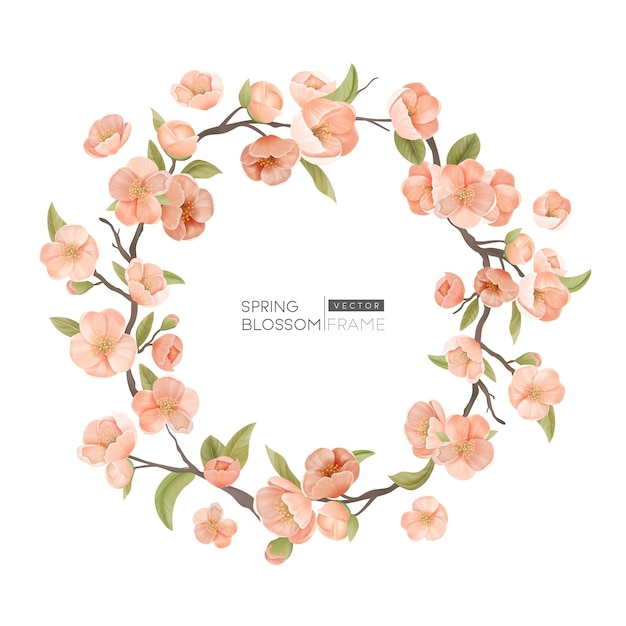 Cherry blossom grens, realistische lentebloemen, bladeren en tak ronde frame op witte achtergrond. ontwerpelement voor huwelijksuitnodiging, wenskaart, spandoek of poster sjabloon. vectorillustratie