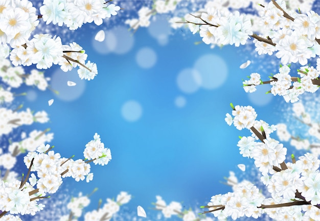 Vector cherry blossom illustration in full bloom against a blue night background.