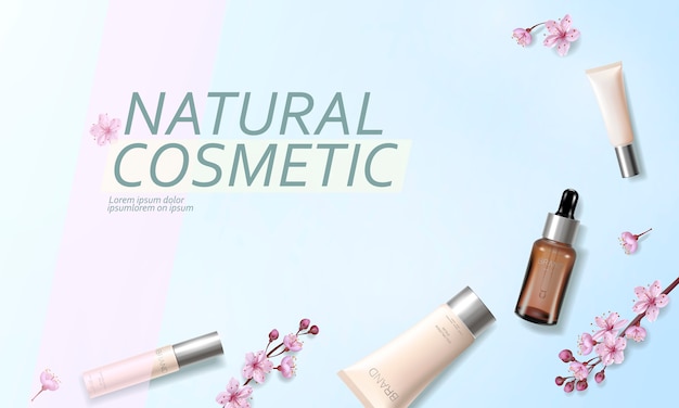Vector cherry blossom organic cosmetic ad template. skincare essence vitamin creme pink spring flower