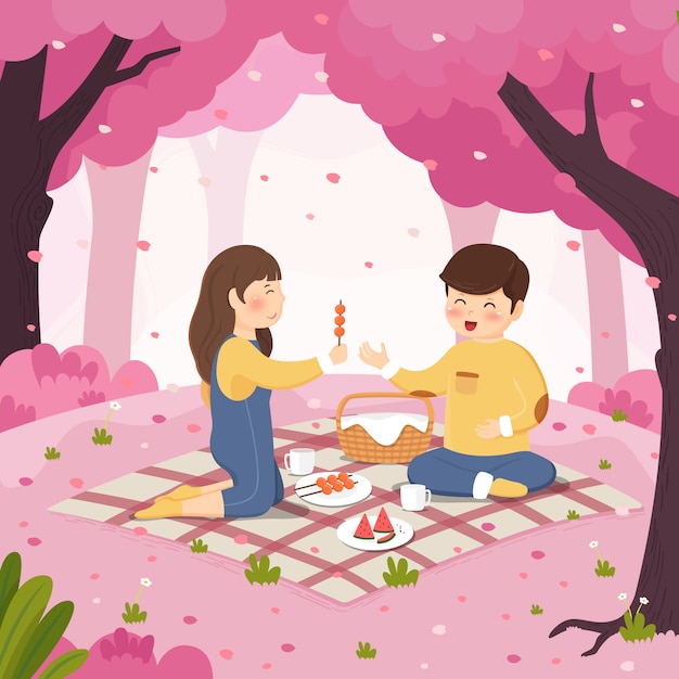 Cherry blossom picnic couple background