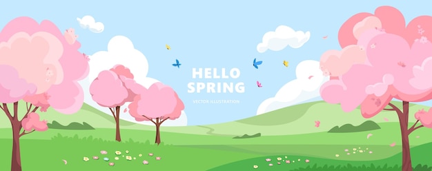 桜の花の春の風景 ベクトルイラスト こんにちは 春