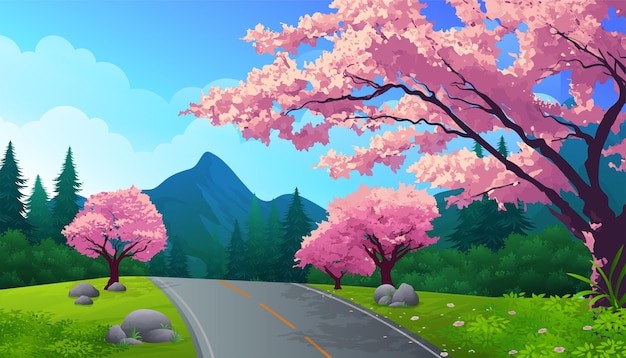 Вишневое дерево с красивой векторной иллюстрацией ландшафта весеннего сезона