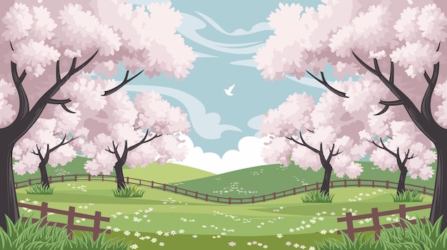 丘 と 鳥 を 飾っ て いる 桜 の 樹木
