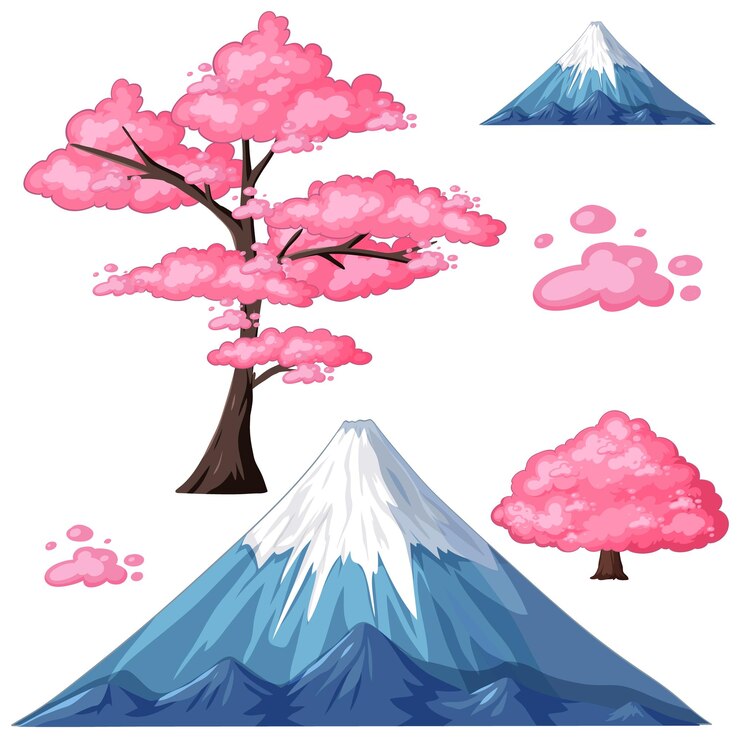 Vector cherry blossoms and snowy mountain