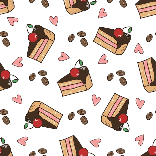 Vector cherry cake and coffee beans seamless pattern