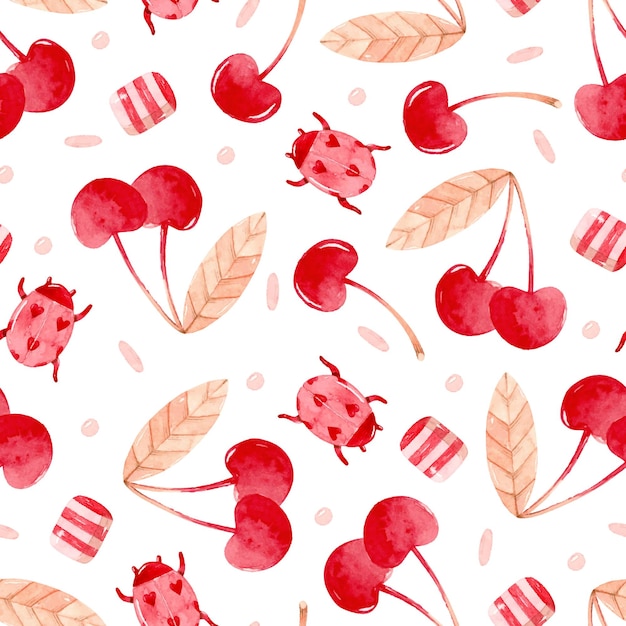 Cherry, candy and ladybug watercolor seamless pattern