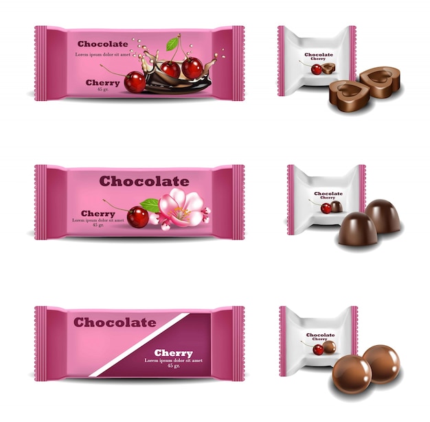 Cioccolatini ciliegio realistico vettoriale. prodotti di imballaggio logo design del marchio mock up