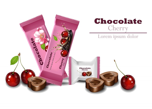 Vettore cioccolatini ciliegio realistico vettoriale. prodotti di imballaggio logo design del marchio mock up