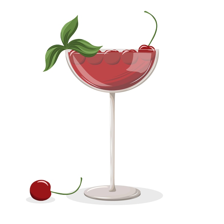 Vector cherry cocktail in a transparent glass on a high stem with cherries and green leaves vector