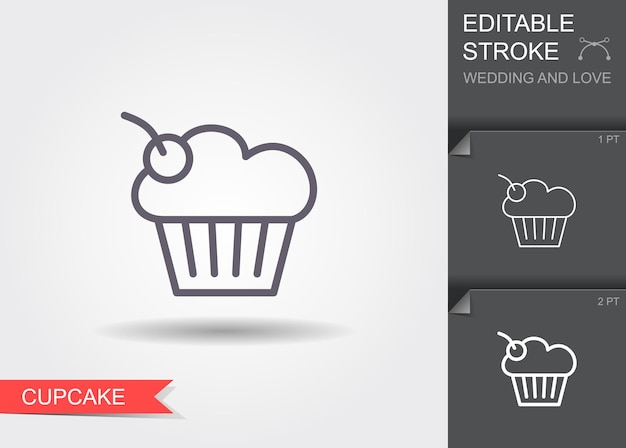 Vector cherry cupcake line icon with shadow and editable stroke