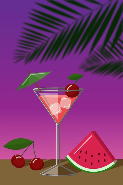 Vector cherry daiquiri cocktail on a palm tree background flat cartoon vector illustration