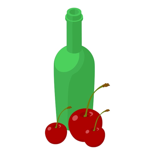 Vector cherry drink icon isometric vector bright ripe cherry green glass bottle icon natural ingredient berry tincture