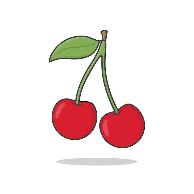 Cherry Fruit. Cherry Berry With Leaves Flat. Fresh Cherries Fruit