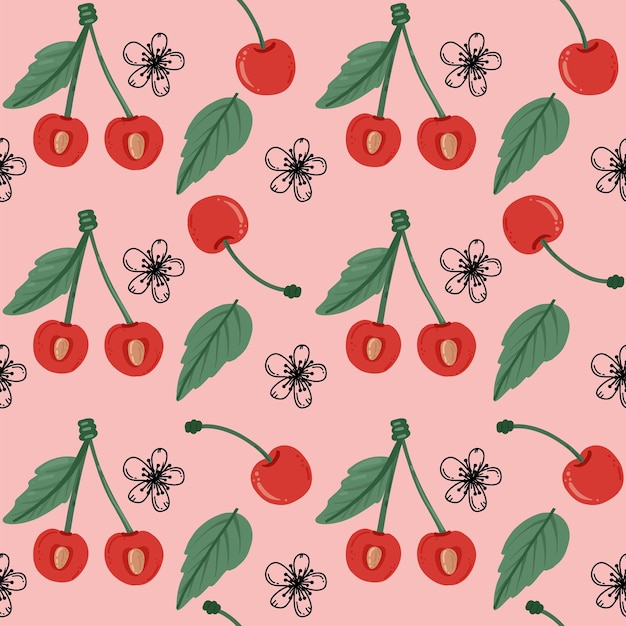 Cherry fruit seamless pattern cherry in cartoon style repeated backdrop whole fruit and cut half