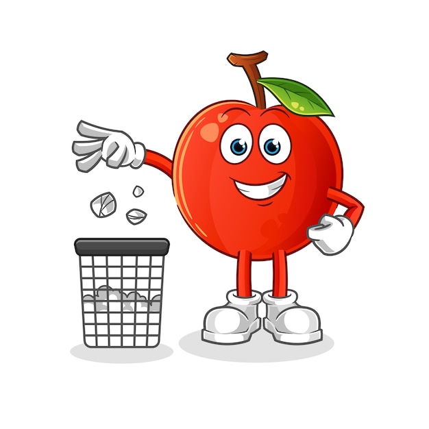 Cherry Gooi vuilnis in de illustratie van de prullenbakmascotte
