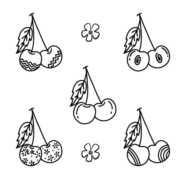 Stile disegnato a mano di ciliegia con ornamenti di linee astratte modello di eco alimentare per menu di marmellata di ciliegie