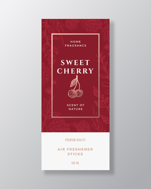 Cherry Home geur Abstract Vector labelsjabloon Hand getrokken schets bessen bloemen bladeren achtergrond en Retro typografie Premium kamer parfum verpakking ontwerp lay-out realistisch Mockup