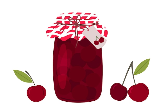 cherry jam in glass jar and fresh berry homemade sweet food cherries and jam in jar
