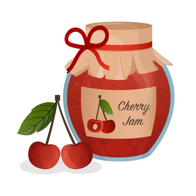 Cherry jam in jar Cherry confiture Vector food illustration in cartoon flat style Breakfast