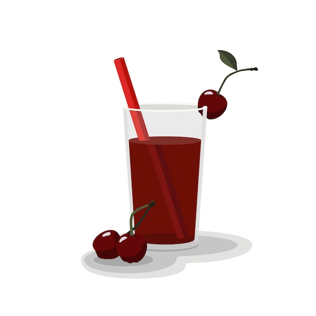 Cherry juice in a glass with a cherry on a white background