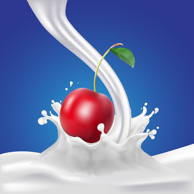 Cherry and milk or soy splashing on blue background poster template