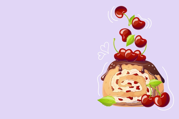 Vector cherry roll in cartoon style on purple background doodle vector illustration for poster banner