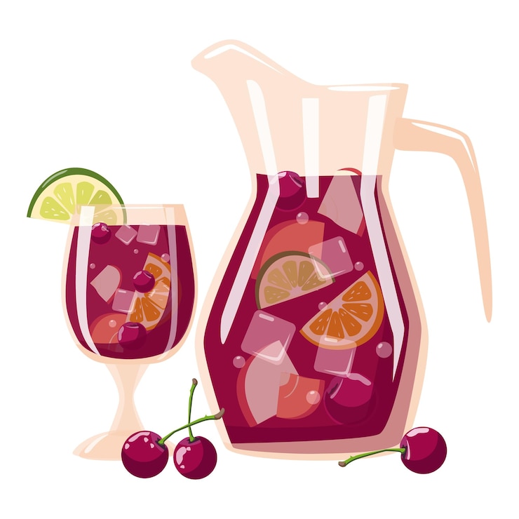Vector cherry sangria drink from spain jug fruit ice lime spanish drink cartoon illustration isolated
