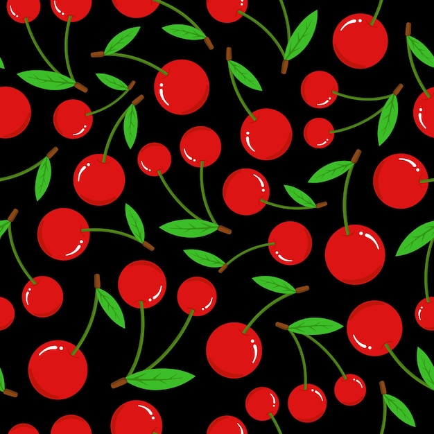 Бесшовный узор вишни на черном фоне. Свежая красная ягода с зелеными листьями орнамент плоская векторная иллюстрация