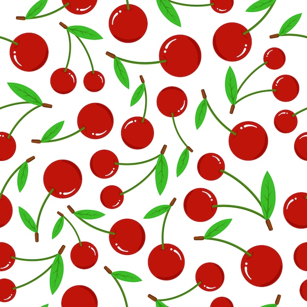 Бесшовный узор вишни на белом фоне. Свежая красная ягода с зелеными листьями плоская векторная иллюстрация