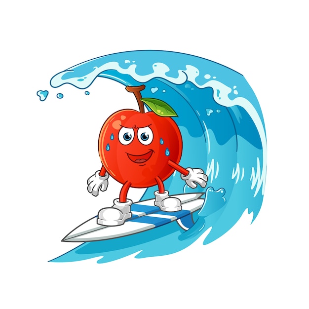 Cherry surfing on the wave character. cartoon mascot 