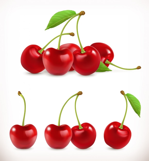 Cherry. Sweet fruit. 3d  icons set. Realistic illustration