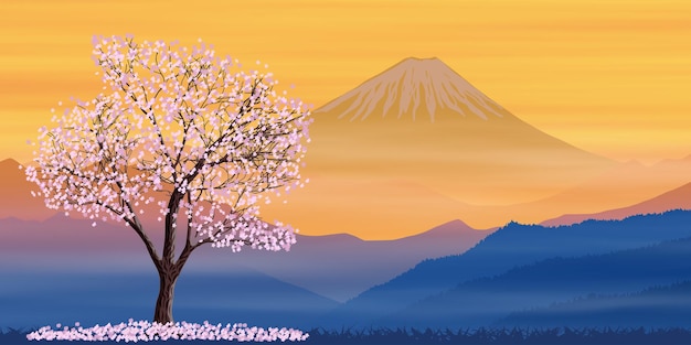 Vector cherry tree on a background mount fuji, sakura blossom