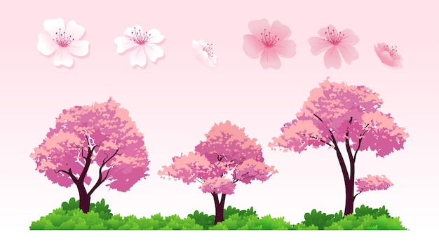 Cherry Trees vector element Isolated Different trees with different of flower element illustration