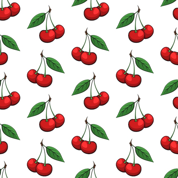 Cherry vector seamless pattern red hand drawn berries with green leaves on white background