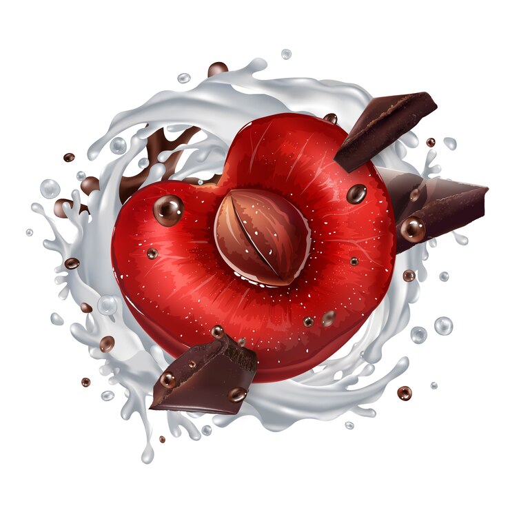 Vector cherry with chocolate pieces and a milk splash.