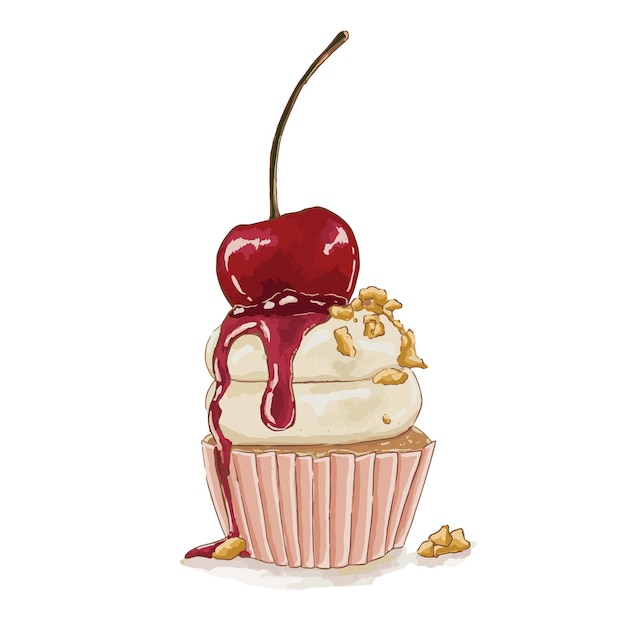 Cherry with Vanilla Icing Cream Cupcake Hand drawn Watercolor Illustration