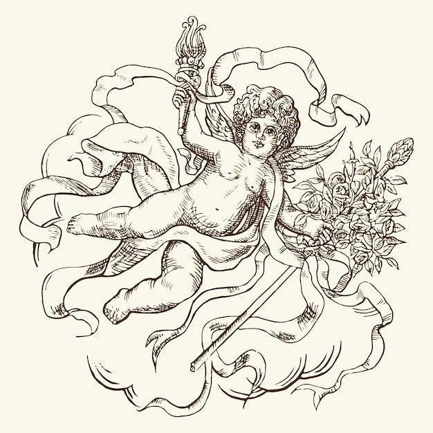 Vettore illustrazione incisa di angeli cherubini, ornamento di incisione di amorini in stile antico