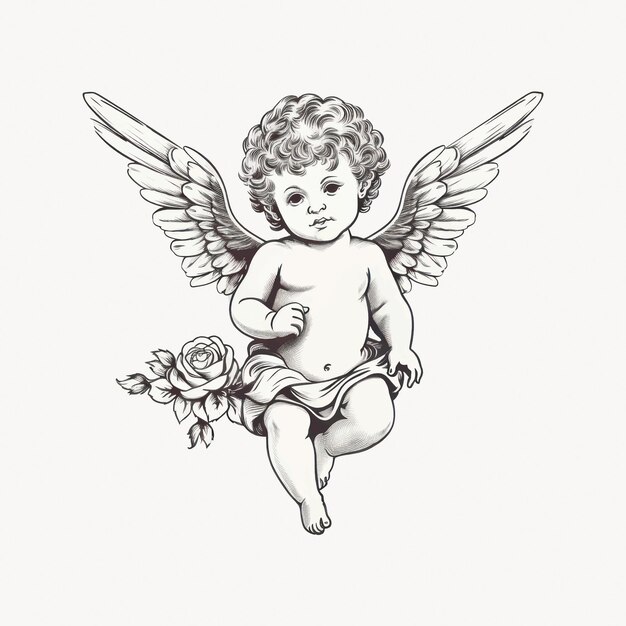 Vector cherub illustration with wings and rose