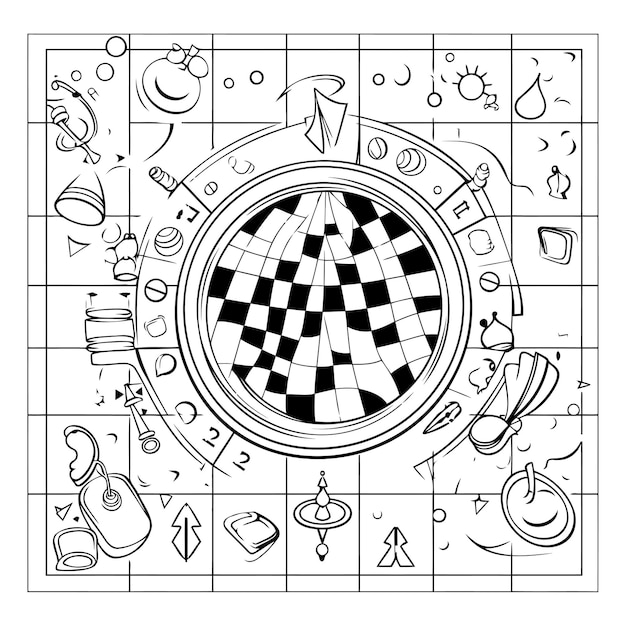 Chess board game Black and white vector illustration for coloring book