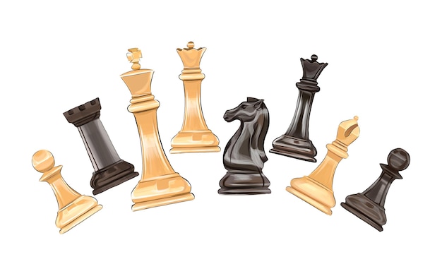 Chess board game chess pieces from multicolored paints splash of watercolor colored drawing