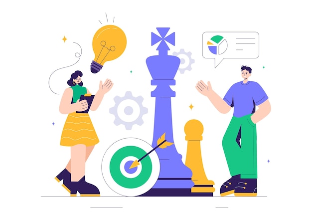 Иллюстрация шахматной игры с черно-белыми фигурами, представляющими стратегические движения рынка и конкурентный анализ для успеха на заднем плане