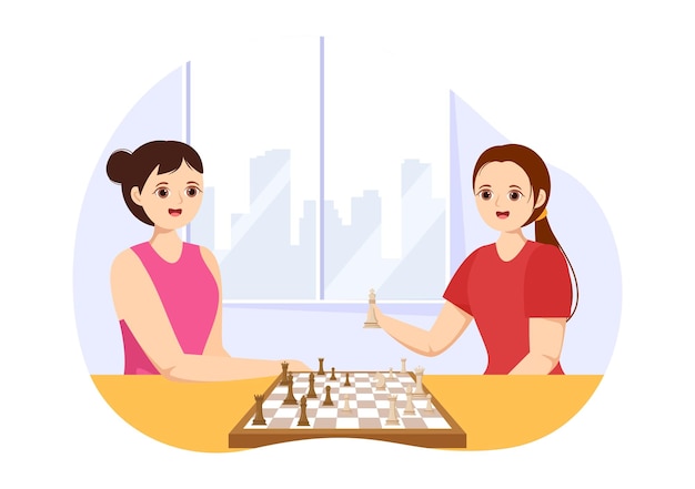 Vector chess board game illustration with people sitting opposite and play for web banner or landing page