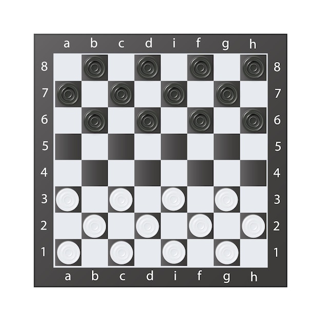 Шахматные доски на деревянном фоне играют в шашки с фигурами в черно-белом векторе
