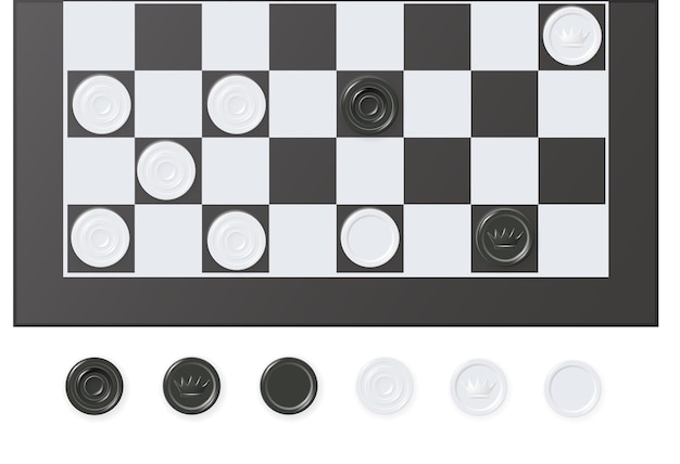 Vector chess boards on wooden background draughts game with pieces in black and white vector