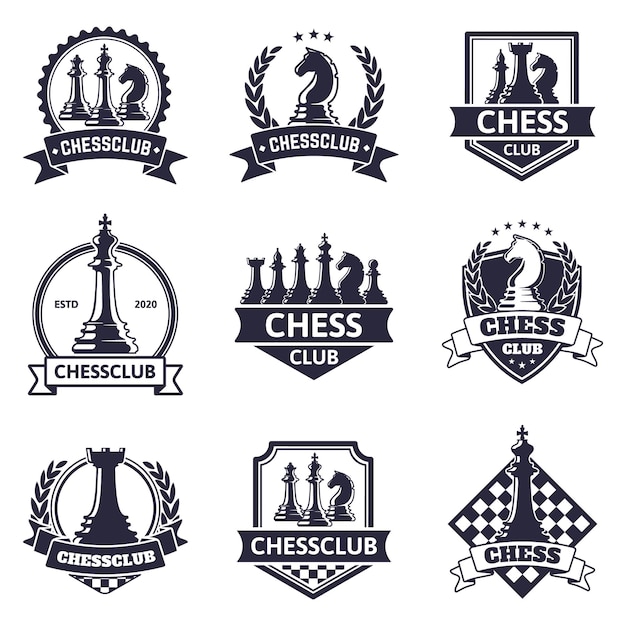 Vector chess club emblem. chess game, chess tournament logo, king, queen, bishop and rook chess pieces