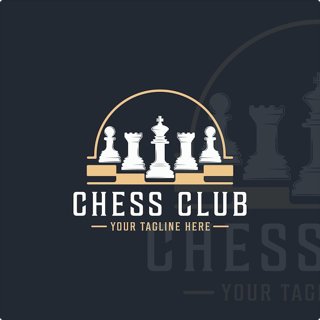 Шахматный клуб логотип старинные векторные иллюстрации шаблон значок графического дизайна. шахматные фигуры эмблема и концепция этикетки на черном фоне